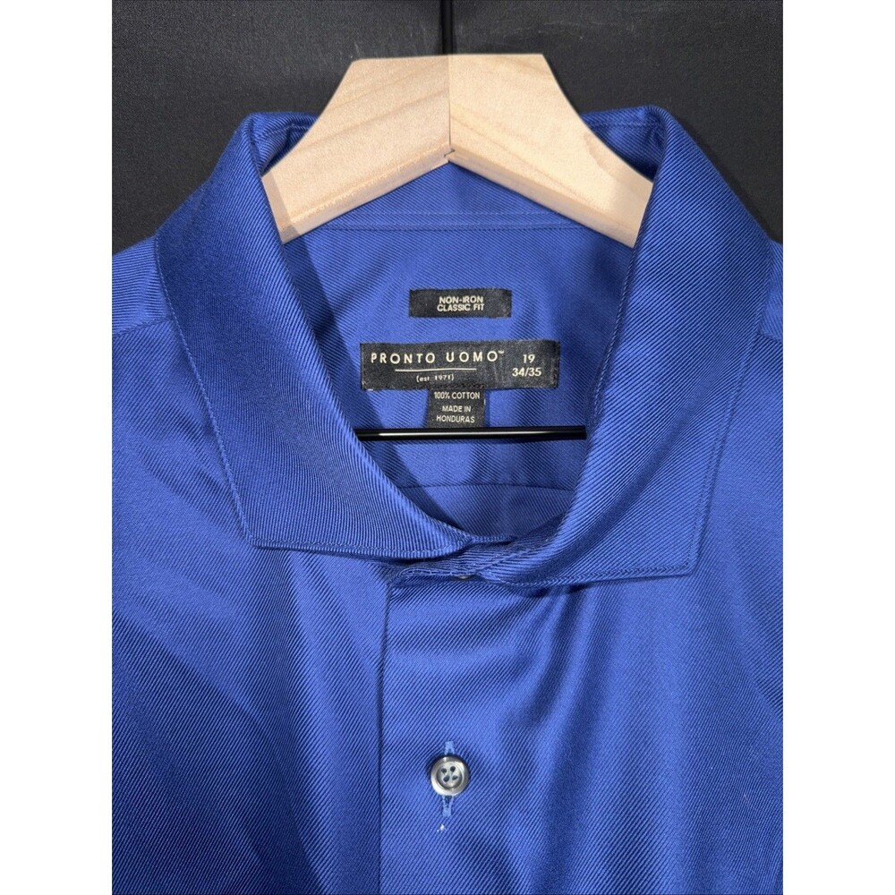 Pronto Uomo Dress Shirt Blue Classic Fit Non Iron Long Sleeve Cotton 19-34/35